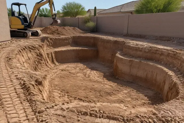 Compact excavator digging a backyard pool in San Tan Valley, AZ, showing fresh earth cuts and tracks.