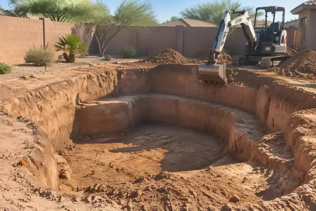 Compact excavator digging a residential pool in a backyard in Tempe, AZ.