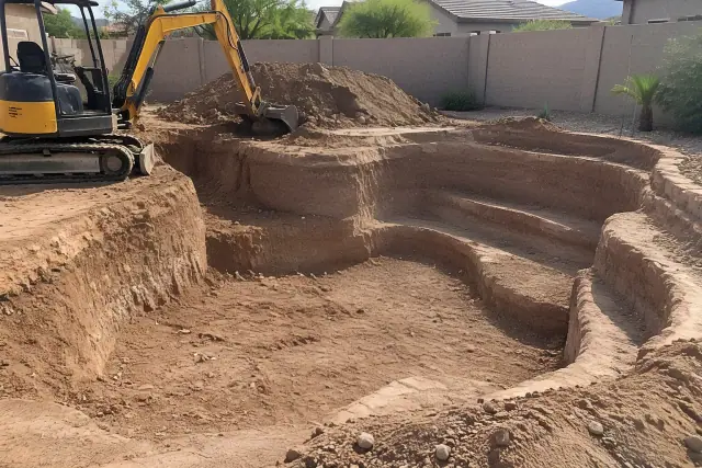 Compact excavator digging a residential pool in a backyard in Phoenix, AZ.