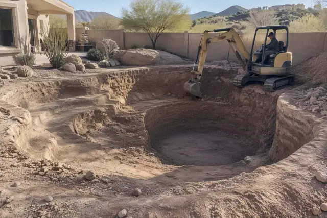 Compact excavator digging a backyard pool basin in Fountain Hills, AZ.