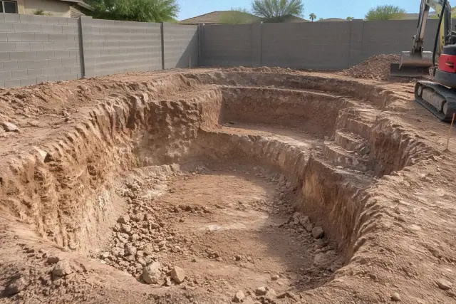 Compact excavator during backyard pool excavation in Mesa, AZ, showing caliche clay soil and a block wall fence.