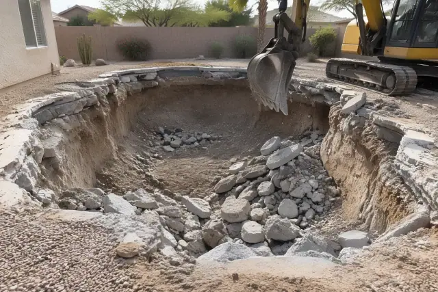 Pool excavation and removal at a suburban backyard in Mesa, AZ, showing concrete rubble and raw earthen walls.