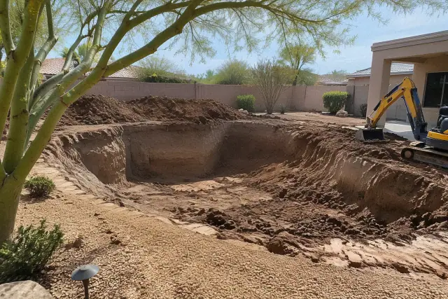 Contractor photo of pool excavation and removal at a residential property in Mesa, AZ.