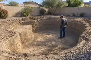 Service professional inspecting the finished shaped earth of a pool excavation in Mesa, AZ.