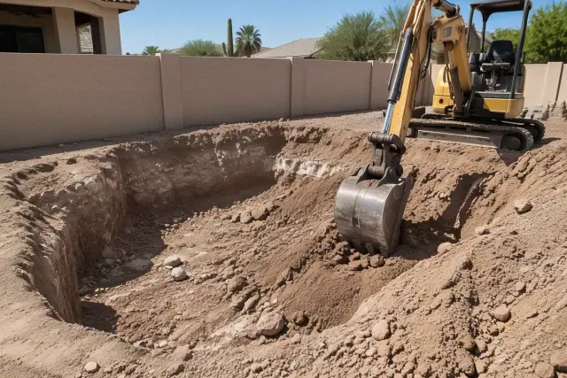 Compact excavator digging caliche soil for pool excavation and site preparation in Mesa, AZ.
