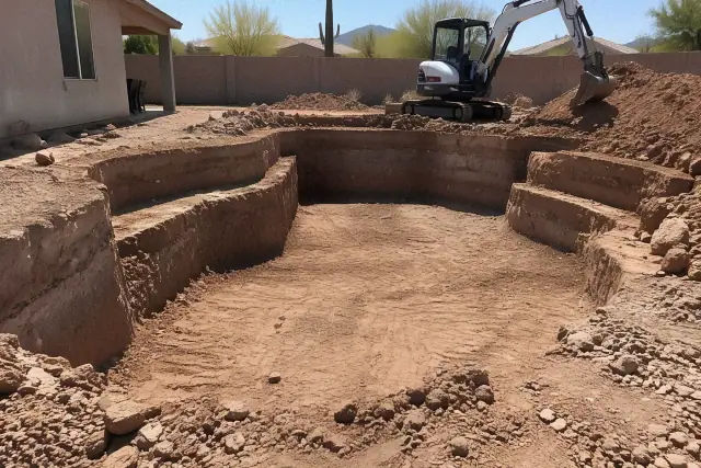 Excavator carving pool floor grading and benched excavation walls in a Mesa, AZ backyard.