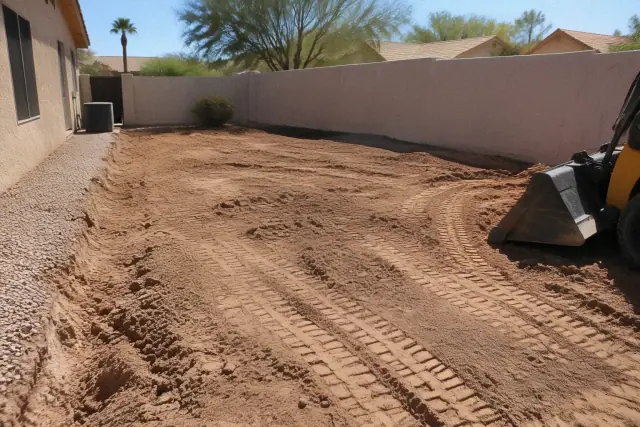 Backfilled and graded earth with tire tracks during pool removal in Mesa, AZ.