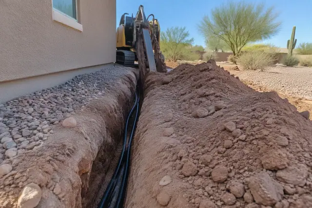Private irrigation lines in a narrow trench next to a home in Mesa, AZ.