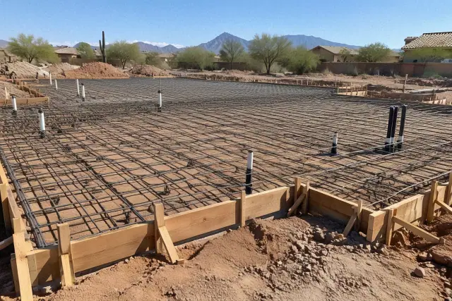 Rebar grid installed for a foundation pad on a residential jobsite in Mesa, AZ.