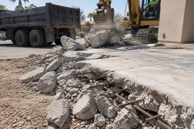 Heavy machinery breaking apart a thick reinforced concrete driveway slab in Mesa, AZ.
