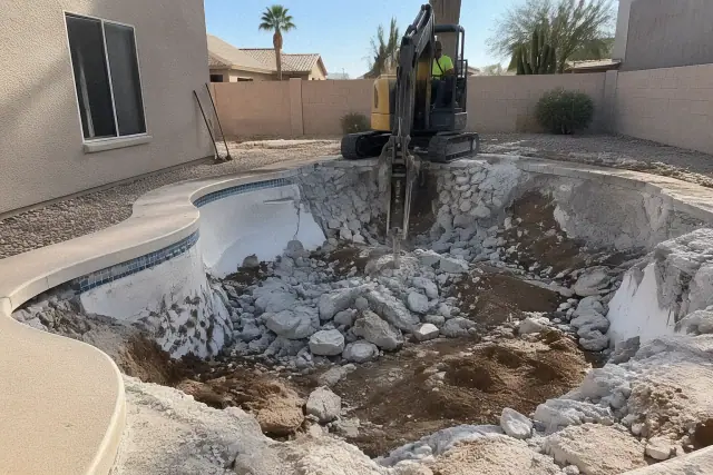 Pool demolition and removal work in progress at a residential backyard in Mesa, AZ.