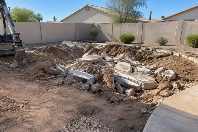 Contractor progress photo of residential backyard pool removal and backfill dirt in Mesa, AZ.