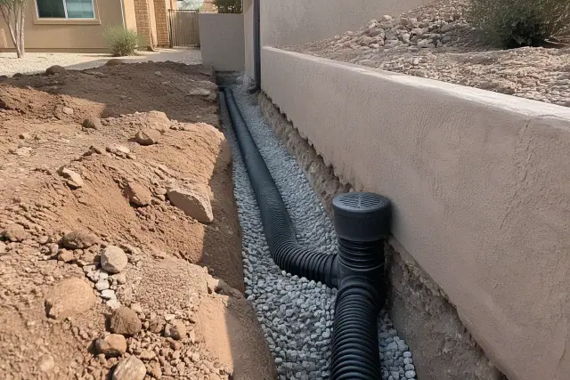 Residential drainage repairs with gravel backfill and corrugated pipe in a Mesa, AZ yard.