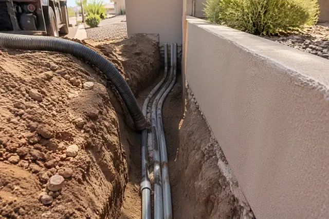 Utility trenches and exposed conduits during hydro excavation at a residential property in Mesa, AZ.