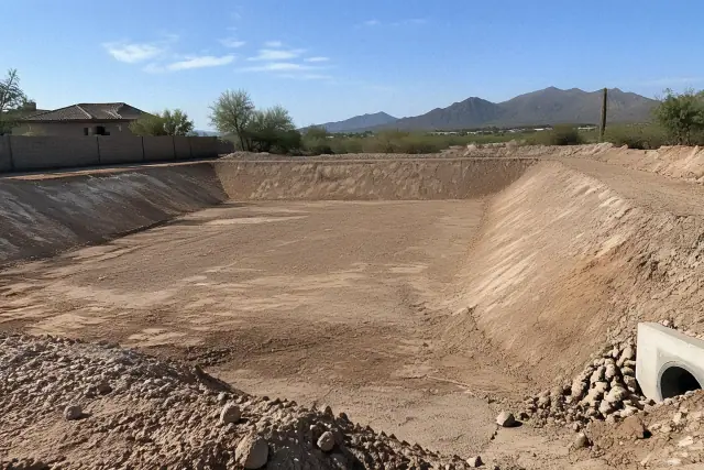 Contractor progress photo of retention basin construction in Mesa, AZ, showing caliche soil and excavation.