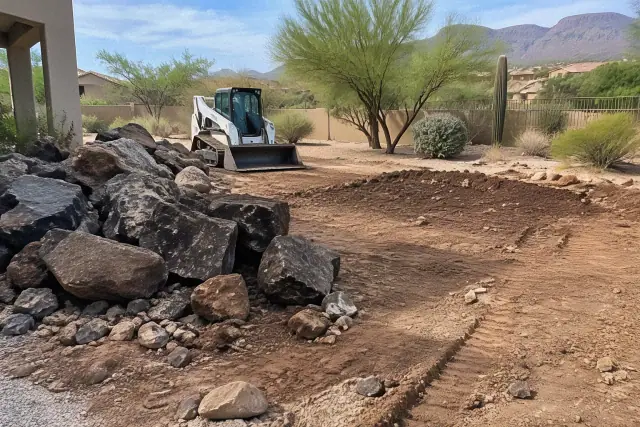 Heavy basalt boulders piled beside cleared dirt during rock removal at a residential site in Mesa, AZ.