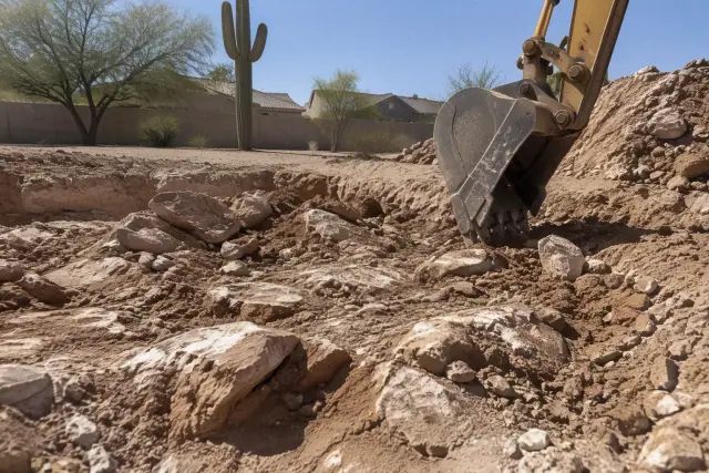 Rock and caliche excavation for land clearing at a residential property in Mesa, AZ.