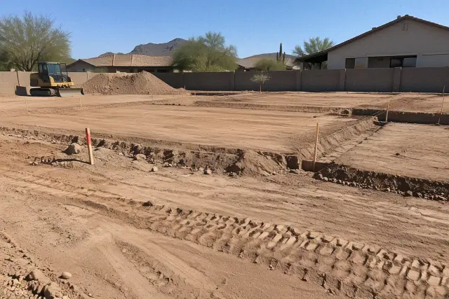 Rough and final grading for foundation excavation and building pads at a residential site in Mesa, AZ.
