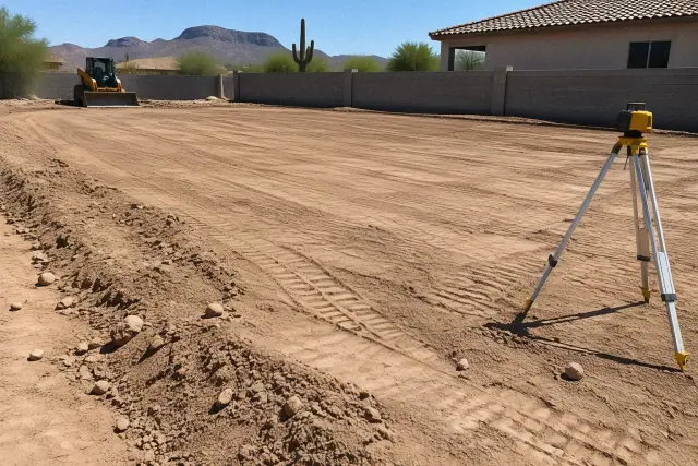 Rough and finish grading on caliche soil with tire tracks and a laser level in Mesa, AZ.