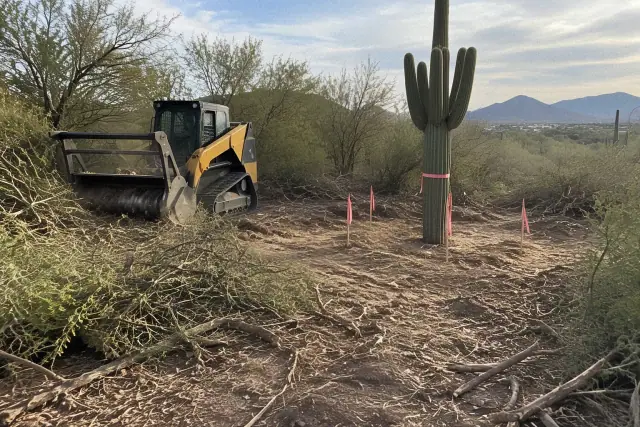 Heavy forestry mulcher clearing brush around a flagged saguaro cactus on a jobsite in Mesa, AZ.