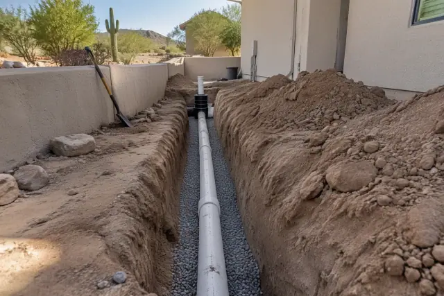 Open trench exposing a utility pipe in desert soil at a residential property in Mesa, AZ.