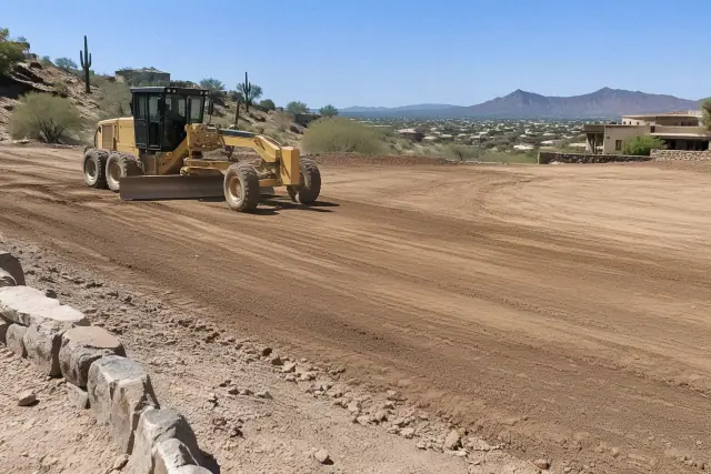 Motor grader smoothing a dirt surface for site preparation in Fountain Hills, AZ.