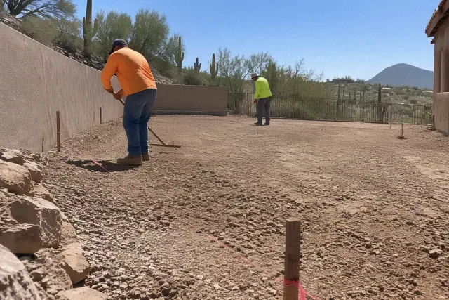 Manual site grading with gravel, grade stakes, and string lines on Sonoran desert soil in Tempe, AZ.