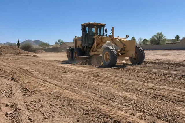 Scraped sub-grade soil with blade scarification marks at a residential site preparation job in Mesa, AZ.