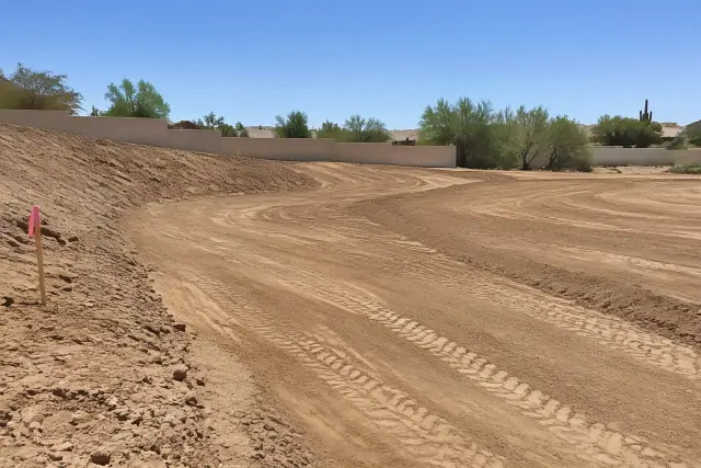 Freshly graded dirt site in Chandler, AZ with grade stakes, tire tracks, and a stucco retaining wall.