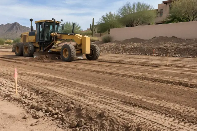 Motor grader smoothing a dirt surface for site grading and excavation in Scottsdale, AZ.