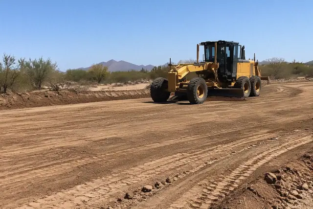 Motor grader smoothing a dirt surface for site prep in San Tan Valley, AZ.