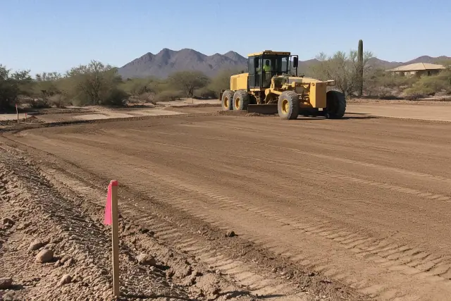 Motor grader smoothing a dirt surface for site preparation and grading in Apache Junction, AZ.