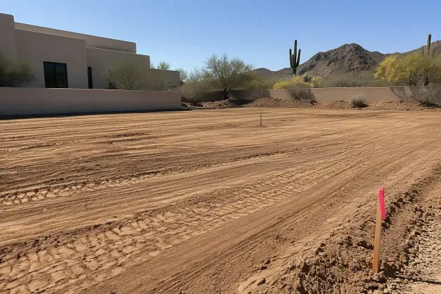 Laser level stakes and tire tracks on graded earth for excavation in Paradise Valley, AZ.