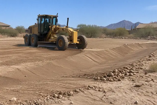Motor grader smoothing a dirt lot for final grading during site preparation in Queen Creek, AZ.