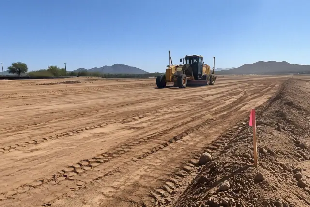 Crew member taking a progress photo of a leveled earth site in Phoenix, AZ.