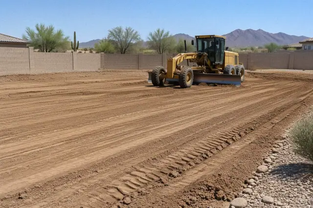 Motor grader smoothing a dirt surface for residential site grading in Gilbert, AZ.