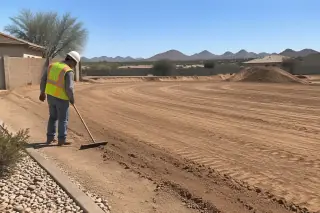 Service professional inspecting a cleaned residential dirt lot in Mesa, AZ.