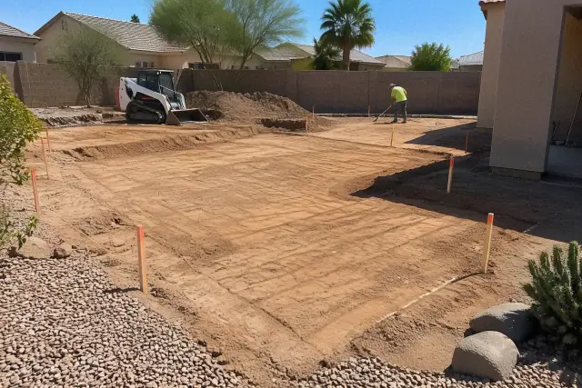 Site preparation and grading for a pool excavation at a residential property in Mesa, AZ.