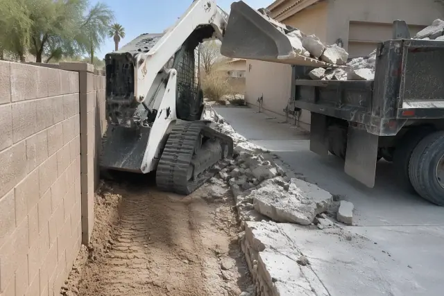 Compact loader navigating a tight corridor beside a concrete driveway in Mesa, AZ.