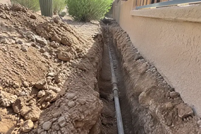 Soft-dig utility trenching for hydro excavation in Mesa, AZ, showing an exposed utility line in desert soil.
