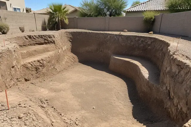 Contractor photo of pool basin shaping and excavation in a Mesa, AZ backyard.