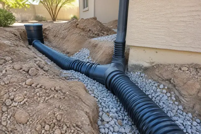 Storm drain connections with gravel bedding and corrugated pipe at a residential property in Mesa, AZ.