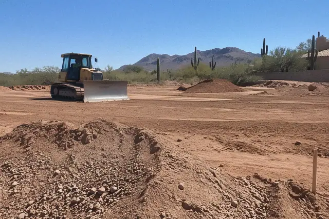 Freshly dumped granular base material on desert soil at a construction job in Mesa, AZ.