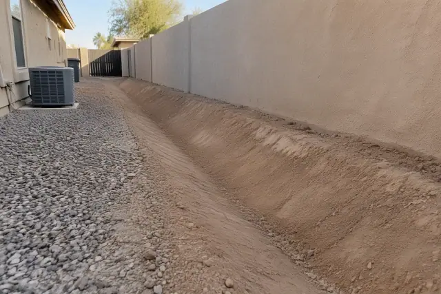 Surface drainage and swale grading excavation in a Mesa, AZ residential side yard.