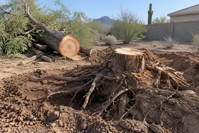 Freshly cut tree stump and exposed roots from land clearing at a residential property in Mesa, AZ.
