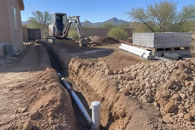 Contractor progress photo of drainage excavation utility access and material handling in Mesa, AZ.
