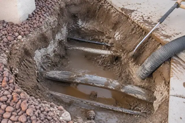 Hydrovac utility exposure in Mesa, AZ, showing intact conduits in a wet excavation with a water wand and vacuum tube.