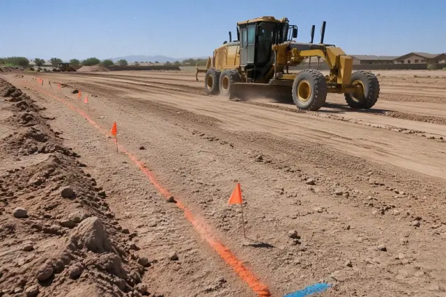 Motor grader smoothing a dirt surface with utility markings and flags in Mesa, AZ.