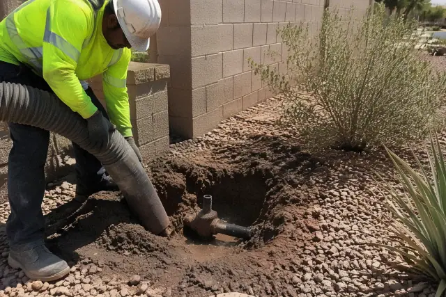 Hydro excavation utility potholing in a residential yard in Mesa, AZ.