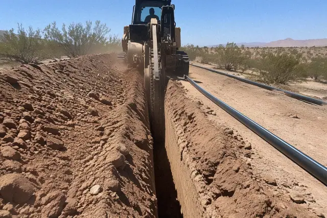 Freshly cut earthen trench and black conduit for utility trenching in San Tan Valley, AZ.